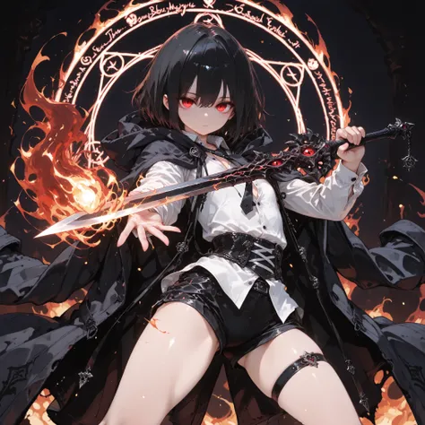 ((best quality)), ((masterpieces)), (detailed), perfect face, SOLO, ((((femboy)))), tomgirl, ANIME, beautiful detailed eyes, BOB hair, BOBed hair, BLACK hair, RED EYES, expressionless, hooded, Magical Eyes, dark background, ((BLACK HOODED coat draped over ...