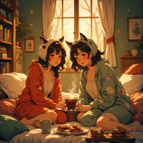 Anime art,anime style,A cozy pajama party scene in a warmly lit room. A group of close friends wrapped together in big fluffy blankets, sitting on the floor and laughing with expressive, joyful eyes. They're wearing funny and cute pajamas — animal patterns...