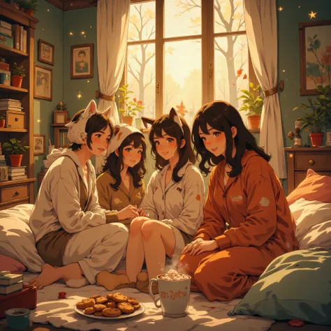 Anime art,anime style,A cozy pajama party scene in a warmly lit room. A group of close friends wrapped together in big fluffy blankets, sitting on the floor and laughing with expressive, joyful eyes. They're wearing funny and cute pajamas — animal patterns...