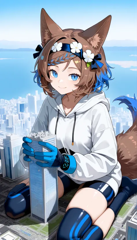 1girl, aroma\\(arknights\\), drawstring, hoodie, long sleeves, looking at viewer, solo, very aesthetic, absurdres, light blue vinyl gloves, handjob, Hold the building, (giantess:1.4), microcity, white shirt, Woman Bigger Than a City, black spats, wariza, S...