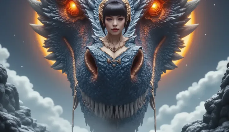 A buxom Oriental homely battle scarred girl with short hair in a white top and long blue skirt riding a Chinese black and gold dragon over the Asian landscape horizon, front view, rising moon in the background, high quality, realistic, cinematic lighting