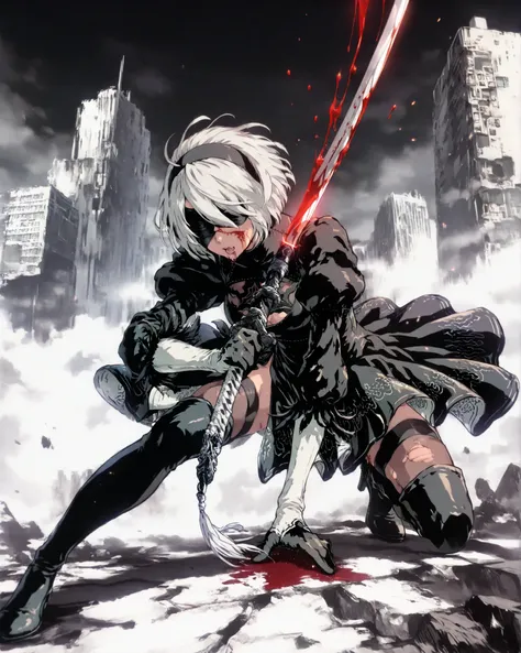 A dramatic and cinematic battle scene inspired by NieR: Automata. 2B, wearing her iconic black dress-style combat outfit with white bob-cut hair, is shown mid-strike as her sword pierces through the chest of Adam, a white-haired android in a fitted white s...