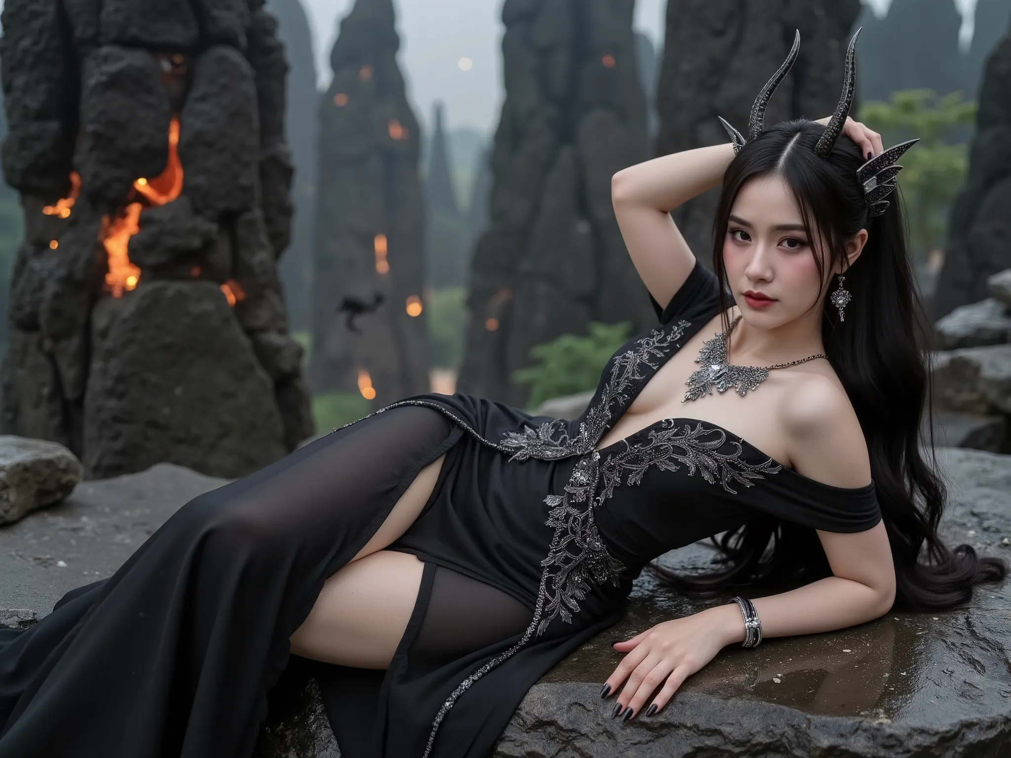 high-resolution fantasy portrait of a stunning dark dragon queen who has shapeshifted into a breathtakingly beautiful human woman. She lies on her back across a smooth obsidian stone slab, surrounded by swirling black mist and glowing magical runes. Her fl...