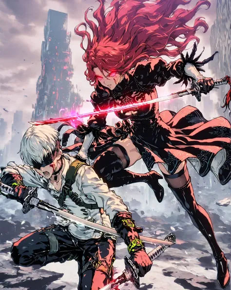 A dramatic and cinematic battle scene inspired by NieR: Automata. In the center of the frame, Adam — a white-haired android wearing a sleek white shirt and black leather pants — is being struck simultaneously by two swords. Blood bursts from his chest in v...