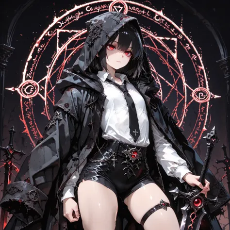 ((best quality)), ((masterpieces)), (detailed), perfect face, SOLO, ((((femboy)))), tomgirl, ANIME, beautiful detailed eyes, BOB hair, BOBed hair, BLACK hair, RED EYES, expressionless, hooded, Magical Eyes, dark background, ((BLACK HOODED coat draped over ...