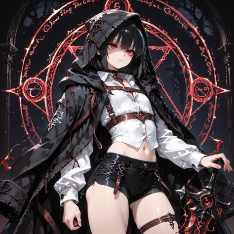 ((best quality)), ((masterpieces)), (detailed), perfect face, SOLO, ((((femboy)))), tomgirl, ANIME, beautiful detailed eyes, BOB hair, BOBed hair, BLACK hair, RED EYES, expressionless, hooded, Magical Eyes, dark background, ((BLACK HOODED coat draped over ...