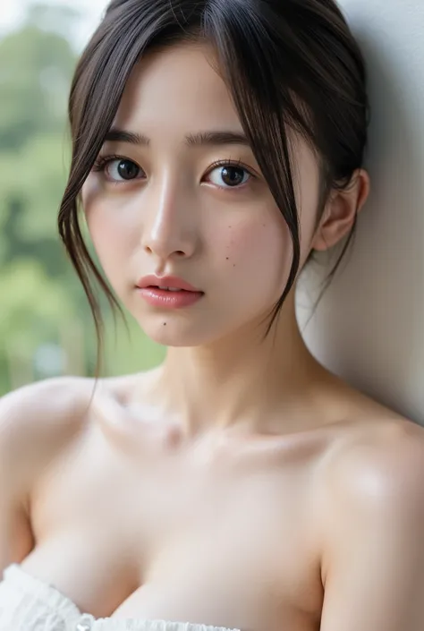 This photo shows a cute Japanese woman, topless,
The image is of very high quality, with clear skin texture.
The focus is on her face.
The focus is very sharp.
Her whole body is in the picture.
Her facial expression is sexy.
She is facing forward.
She has...