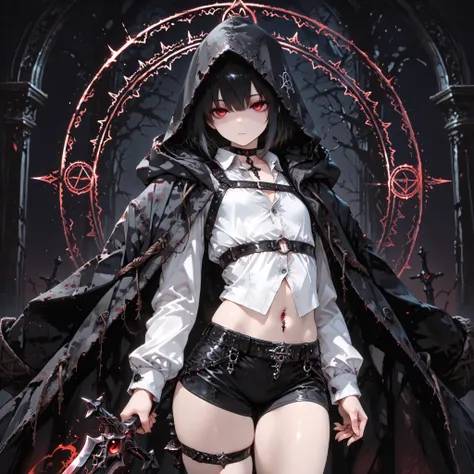 ((best quality)), ((masterpieces)), (detailed), perfect face, SOLO, ((((femboy)))), tomgirl, ANIME, beautiful detailed eyes, BOB hair, BOBed hair, BLACK hair, RED EYES, expressionless, hooded, Magical Eyes, dark background, ((BLACK HOODED coat draped over ...