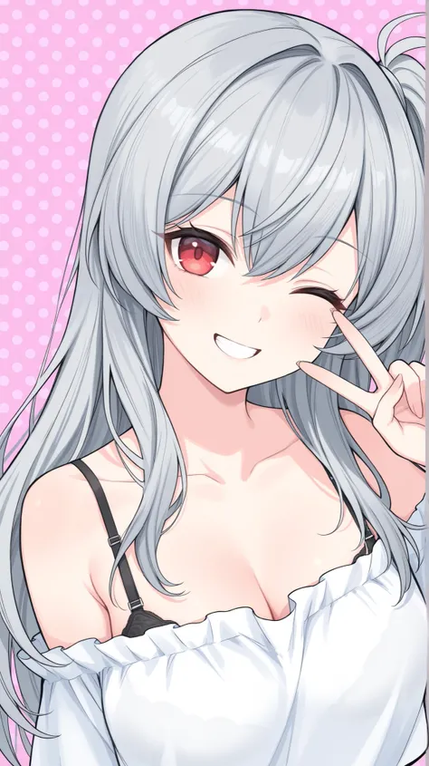 femininity, Off-the-Shoulder Shirt, girl with pure gray hair, bra straps, long hair, wink, smiling, pop art,
