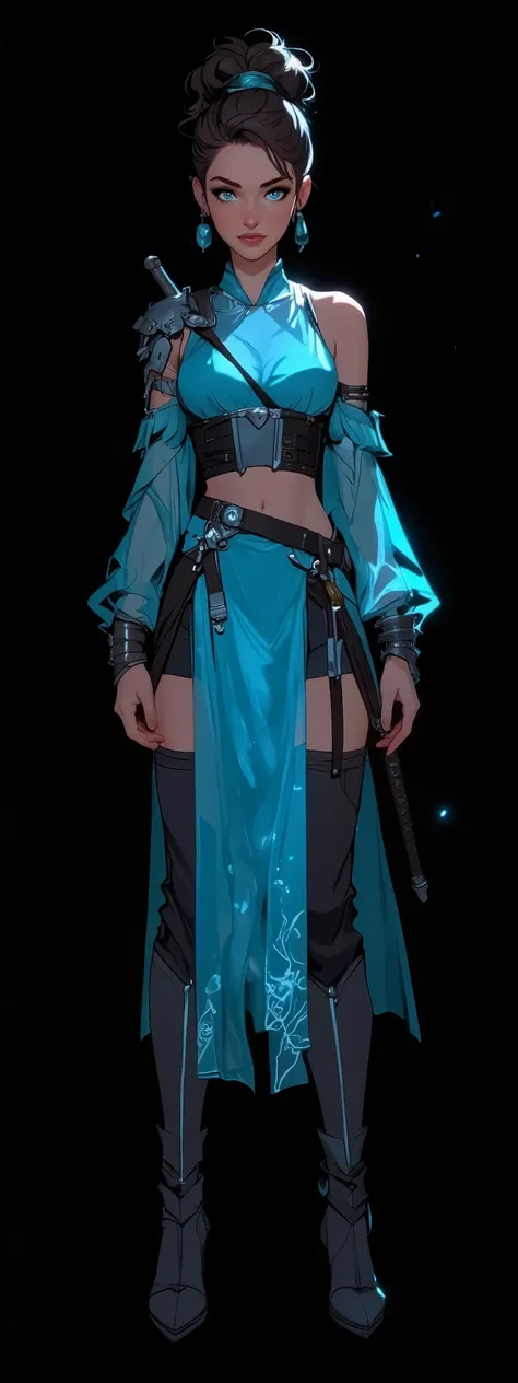 chargen_stylised_illustration, Front view, full body, character art, concept art, anime, sexy female, Female warrior, agile, katana, twin swords, Eastern fantasy, silk, light armor, graceful, poised, dynamic, translucid kimono, beautiful dancer, commander