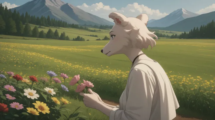 anthro, girl,  white fur , flower field,  mountainous area 