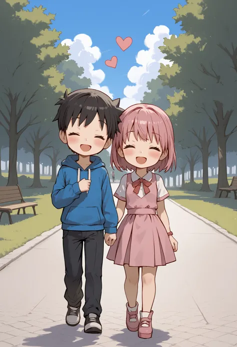 score_4,score_5,score_6,score_7_up,score_8_up,score_9 ((masterpiece,best quality,ultra detailed,highres,HD,4k:1.2)), 
chibi,full body,
1 girl and 1 boy,hetero,girl focus,
bobcut pink hair giri,large breast,
black short hair boy,
Walking hand in hand, datin...