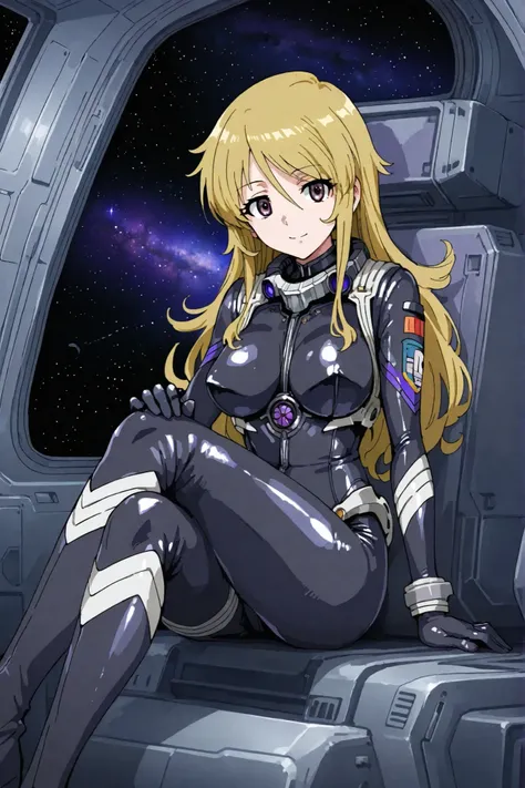 748cmstyle,ONES,anime,One girl, black space body-fitting-suit from Yamato, mori yuki, dirty-blonde hair, long hair, well drawn nice purple eyes, smile, Bright room,Inside the spaceship,sitting , Med breasts, View Viewer,      
