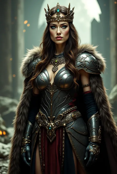 (masterpiece, top quality, best quality, official art, beautiful and aesthetic:1.2), (1girl), (warrior queen armor, fur-lined cape, jeweled crown:1.2),serious