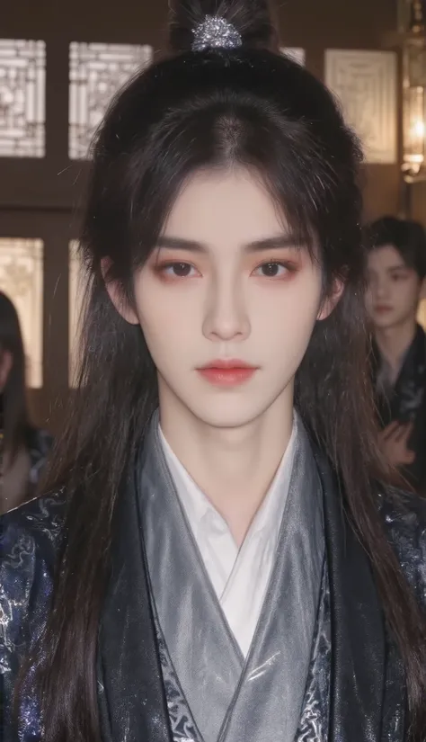 A handsome young man with long hair, a traditional Chinese male tied hairstyle, wearing a dress of the ancient Chinese dynasty, looks elegant. Handsome appearance, dark eyebrows, sharp eyes, a prominent nose.