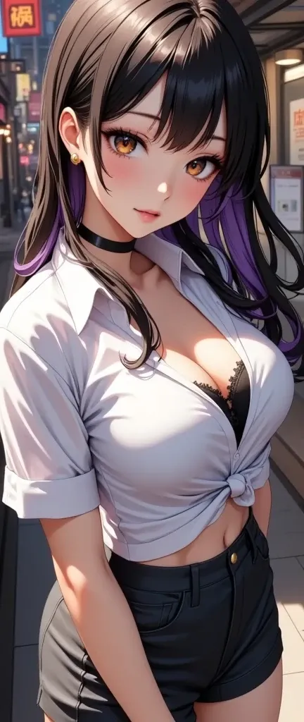  (masterpiece,  computer, mejor quality,  Clear focus, shadow, anime-style, ultra high resolution, 8K, perfect anatomy, PERFECT FACE, (detailed face), (  Detailed eye  ), score_9, score_8_above, score_7_above, score_6_above, score_5_above, score_4_above,  source _animated, Label 1, Label2, quality_masterpiece, Anatomically Correct, beautiful face, PERFECT FACE, Beautiful and highly detailed face and eyes, Attractive face, detailed face, Delicate facial features, detailed skin, huge breasts, breast size cup D or DD, wide hips, gigantic butt, thick thighs. looking at the spectator. Anime-style illustration of a beautiful woman with an elegant and sensual look. A young anime-style woman with a slightly attractive and flirty appearance. She has long hair, straight and black leather with a light shade of purple, bangs and locks that frame her face. His eyes are big, expressive, of a dark brown shade with a natural sheen, and her skin is light with blush on the cheeks. He wears a white button shirt, unbuttoned to show a deep neckline and a visible black bra below. He wears a dark gray black choker around the neck, golden earrings and shorts in black, adjusted to her figure. He is standing outside in an urban environment with direct sunlight that illuminates his face and body, with a background that shows shop windows and signs. The illustration style is modern anime, helmet, with soft shading and a warm and vibrant atmosphere.
