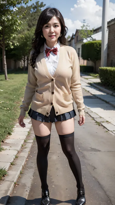 full body shot, from below,  Japanese mature, 58 years old,  detailed face , smile, facial wrinkles, Wrinkles Around Eyes,  detailed skin texture ,  white skin,   dark makeup ,  long hair, (curvy body,  pleated thighs:1.3), (earrings, Red Bowtie, brown car...