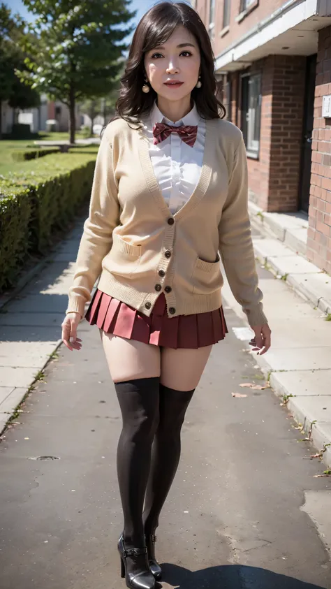 full body shot, from below,  Japanese mature, 58 years old,  detailed face , smile, facial wrinkles, Wrinkles Around Eyes,  detailed skin texture ,  white skin,   dark makeup ,  long hair, (curvy body,  pleated thighs:1.3), (earrings, Red Bowtie, brown car...