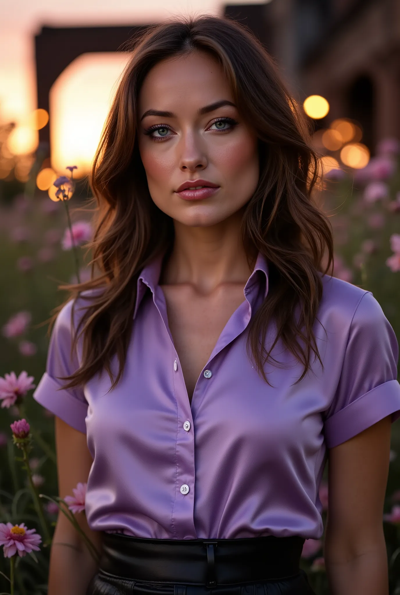 Foto hiperrealista en primer plano de Olivia Wilde, masterpiece, best quality, (photorealistic:1.4), full body, (lavender satin luxury short sleeve button-up shirt :1.1), (leather skirt), cinematic light, beautiful woman, medium breasts, wavy brunette hair...
