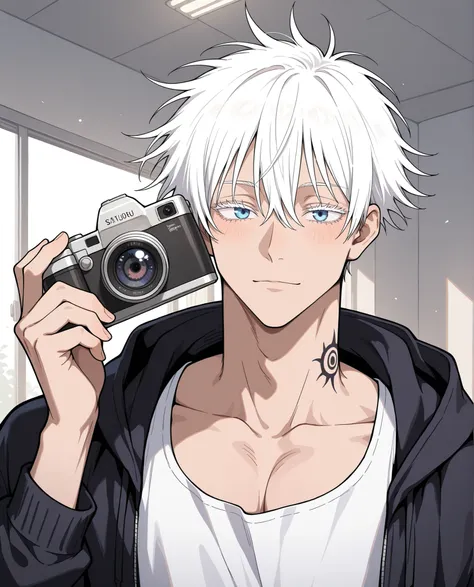 Satoru Gojo,adult, jujutsu kaisen, white hair, short hair, ((hair between eyes)), colored eyelashes, white eyelashes, blue eyes, intricate eye iris, detailed eyes, muscular male, sexy man, handsome man, handsome face, holding a camera, tattoos on his neck ...