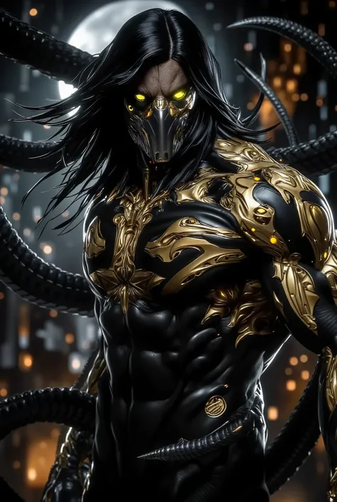 1boy ,The Darkness is typically depicted as a tall, muscular man with long black hair and a somewhat rugged appearance, intricate Full body golden and black armor with golden details, suggesting a fusion of technology and dark magic, glowing yellow eyes. H...
