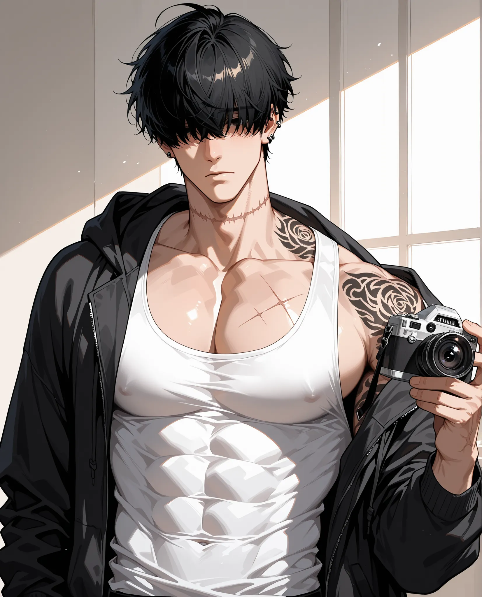 1boy,  scar, male focus, pectorals, muscular, muscular male, solo, abs,  large pectorals, hair over eyes,  black hair, piercing,covered eyes,  muscular male, sexy man, handsome man, handsome face, holding a camera, tattoos on his neck and fingers, tired ex...
