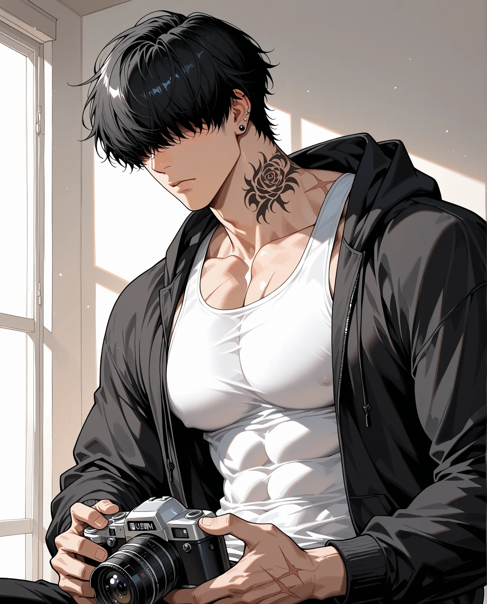 1boy,  scar, male focus, pectorals, muscular, muscular male, solo, abs,  large pectorals, hair over eyes,  black hair, piercing,covered eyes,  muscular male, sexy man, handsome man, handsome face, holding a camera, tattoos on his neck and fingers, tired ex...