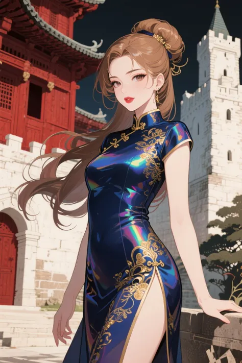fusion of paper cutting and printmaking, Ukiyo-e style, best quality, extremely detailed CG, HD, crisp quality, sharp focus, rich contrast, exotic oriental Slavic beauty, silky glossy flowing high layered light brown half updo hair, lewd expression, seduction, sexy lips, great body proportion, wearing shining glossy iridescent ao dai with dark blue and gold embroidery, background old castle made of red wood and white stucco, 2.5D, shading effects magic, artistic photography, hyper realistic, highly detailed, sharp focus and contrast, extremely clear image, (super detail, enhance, boost) effects, (brilliant light and shadow, seamless, contrast, gradation) effects, professional lighting effect magic, anime manga illustration style