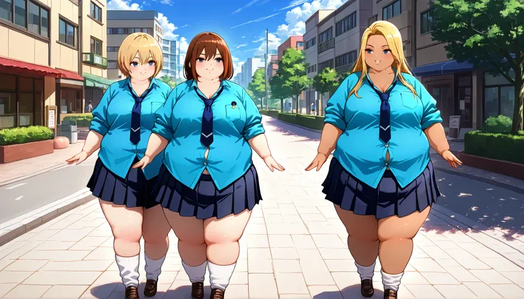 park, outdoors, street, buildings, HDR, 8K, high contrast, masterpiece, best quality, amazing quality, very aesthetic, high resolution, ultra-detailed, absurdres, realistic, newest, scenery, score_9, score_8_up, score_7_up, group of young plump schoolgirls...