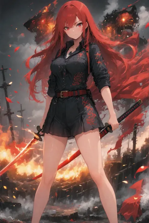top quality, masterpiece, Ultra Fine, 4K,  
red hair, long hair, womanhood, sharp gaze, confident expression, Dynamic Battle Poses, A figure that combines strength and beauty,  
black combat suit, Left hand with a red embroidery pattern, Barefoot, Red band...