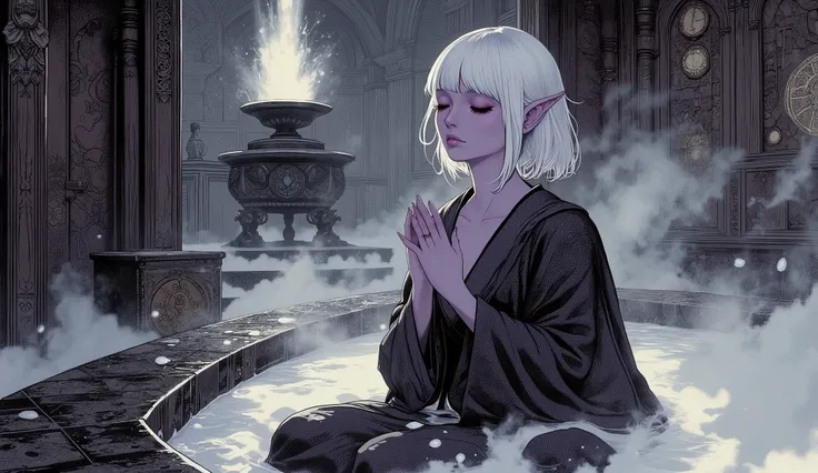 (A fusion of Ukiyo-e and dark fantasy. Aesthetic and gothic digital art. Illustration from a bird's eye view.) BREAK (White hair. Blunt bangs. White eyebrows. Long white eyelashes. Almond-shaped eyes. Lavender eyes. Dark, thick eyeliner. Small pink lips. S...