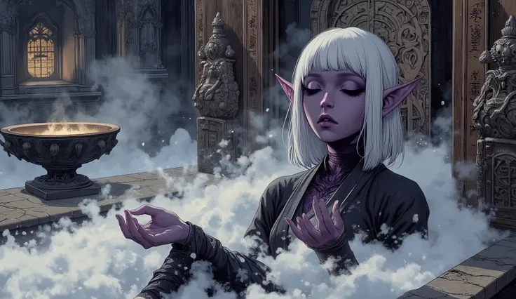 (A fusion of Ukiyo-e and dark fantasy. Aesthetic and gothic digital art. Illustration from a bird's eye view.) BREAK (White hair. Blunt bangs. White eyebrows. Long white eyelashes. Almond-shaped eyes. Lavender eyes. Dark, thick eyeliner. Small pink lips. S...