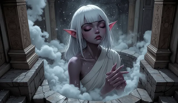 (A fusion of Ukiyo-e and dark fantasy. Aesthetic and gothic digital art. Illustration from a bird's eye view.) BREAK (White hair. Blunt bangs. White eyebrows. Long white eyelashes. Almond-shaped eyes. Lavender eyes. Dark, thick eyeliner. Small pink lips. S...
