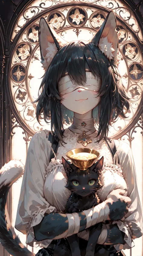 masterpiece, highest quality, Ultra High Quality, 64k, 
Beautiful and delicate cat girl, (2 girl), 22 years old, (furry),thin,
black cat Fur, (cat ear), (cat tail),
(bandage blindfold), (smile), (wearing nan outfit),hugging holy grail, looking viewer, 
(de...
