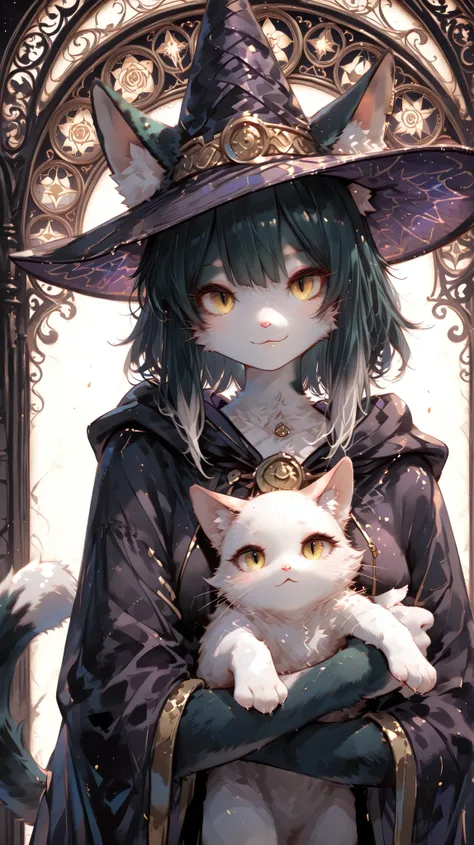 masterpiece, highest quality, Ultra High Quality, 64k,
Beautiful and delicate cat girl, (2 girl), 22 years old, (furry),thin,
black cat Fur, (cat ear), (cat tail),
(Beautiful gold eyes), (smile), (wizard), wizard hat,hugging cat, looking viewer,
(detaile...