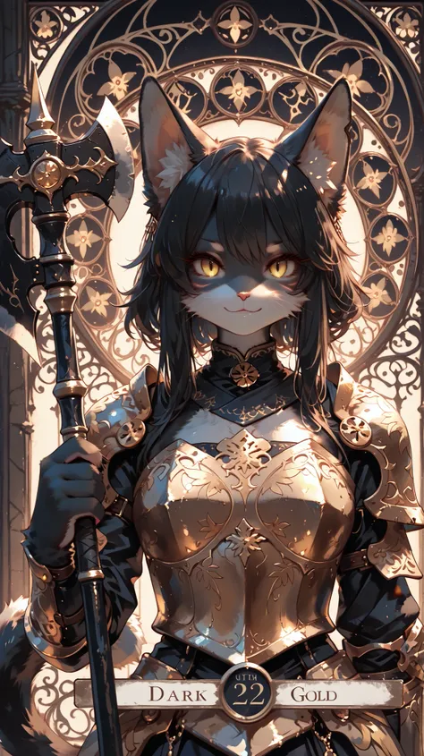 masterpiece, highest quality, Ultra High Quality, 64k, 
Beautiful and delicate cat girl, (2 girl), 22 years old, (furry),thin,
black cat Fur, (cat ear), (cat tail),
(Beautiful gold eyes), (smile), (wearing  heavy Armor), hold huge axe, looking viewer, 
(de...