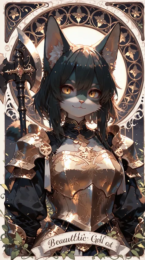 masterpiece, highest quality, Ultra High Quality, 64k, 
Beautiful and delicate cat girl, (2 girl), 22 years old, (furry),thin,
black cat Fur, (cat ear), (cat tail),
(Beautiful gold eyes), (smile), (wearing  heavy Armor), hold huge axe, looking viewer, 
(de...