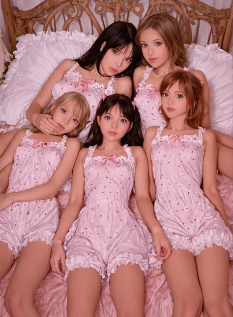 Girls group and 1boy, girls, erect nipples, (European:1.2), in pajama party,