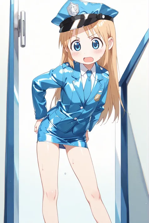 (((anime style))),score_9, score_8_up, score_7_up,masterpiece, best quality,ultra detail,1girl,((solo)),koiwai yotsuba,yasuna oribe,hakase shinonome, ((long hair)), ((blue eyes)), ((blonde hair)),((looking down)),school,((blue Police Uniform)),(police hat)...
