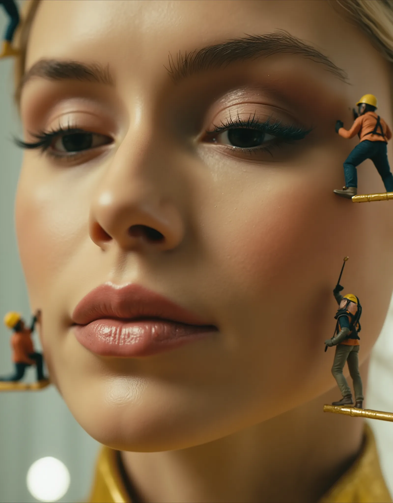 ((st4rl1ght)),  A breathtaking close-up of a giant, flawless face with warm caramel-toned skin. Her eyes are closed, and her lips are slightly parted. Micro tiny workers makeup artists, each worker dressed in overalls, construction shoulder blades, protect...