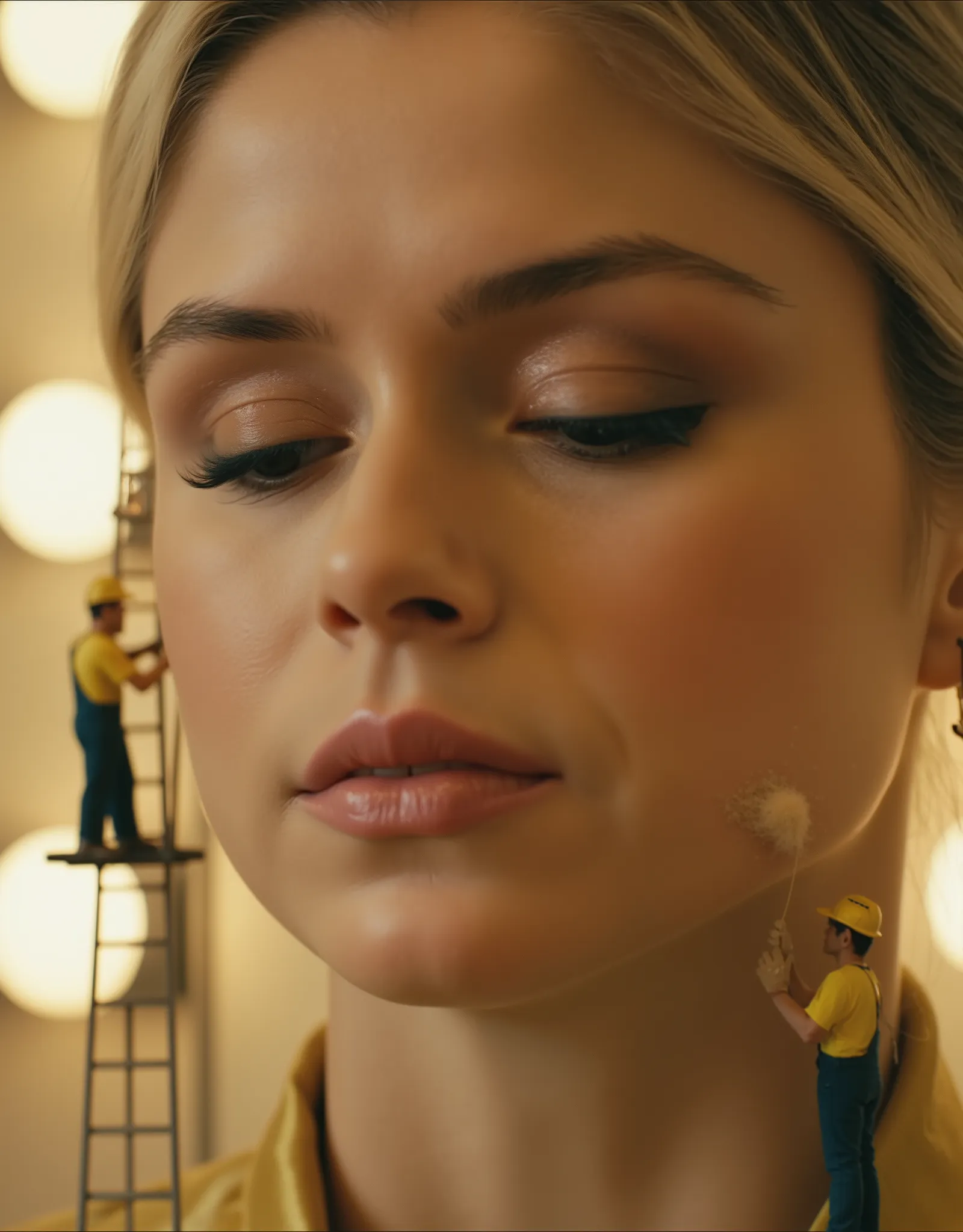 ((st4rl1ght)),  A breathtaking close-up of a giant, flawless face with warm caramel-toned skin. Her eyes are closed, and her lips are slightly parted. Micro tiny workers makeup artists, each worker dressed in overalls, construction shoulder blades, protect...