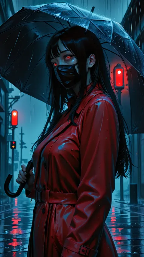 score_9, score_8_up, score_7_up, masterpiece, source_anime,(horror:1.2),1girl,umbrella,clear color,wearing a red trench coat, Black surgical mask,long hair,black hair,terror,realistic,heavy rain,rainy day ,red traffic light, looked at a viewer with bulging eyes
