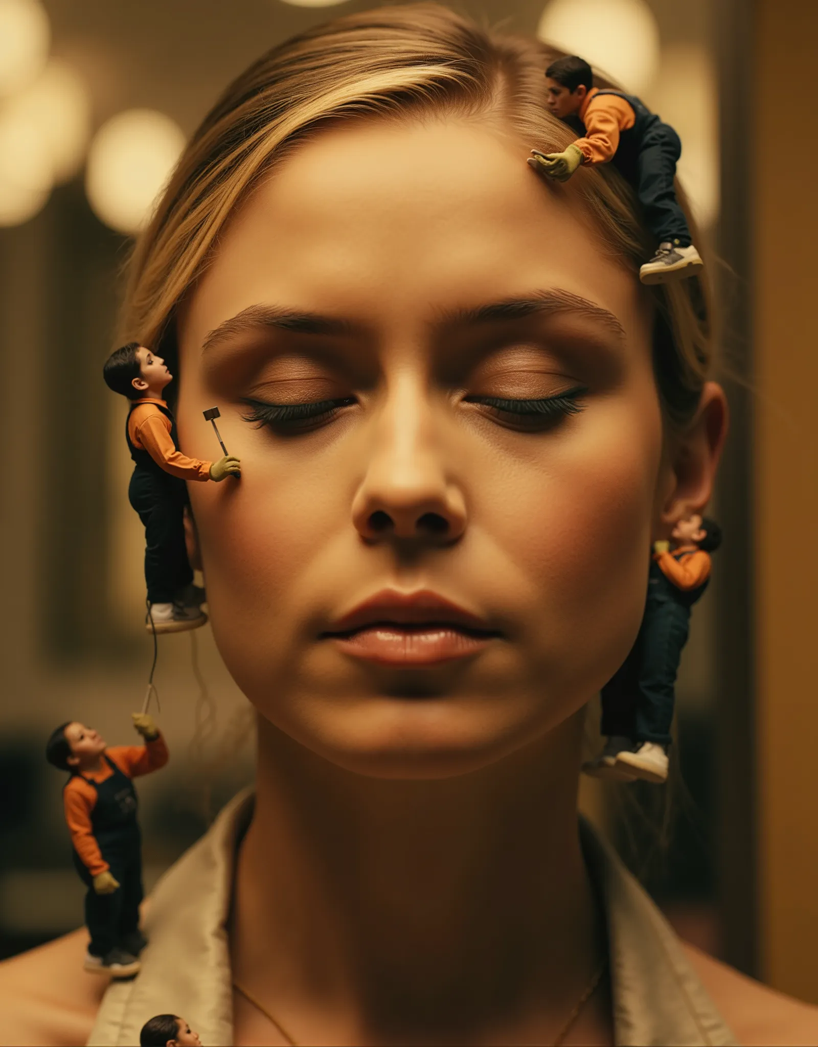 ((st4rl1ght)),  A breathtaking close-up of a giant, flawless face with warm caramel-toned skin. Her eyes are closed, and her lips are slightly parted. dozens of Micro tiny workers makeup artists, each worker dressed in overalls, construction shoulder blade...
