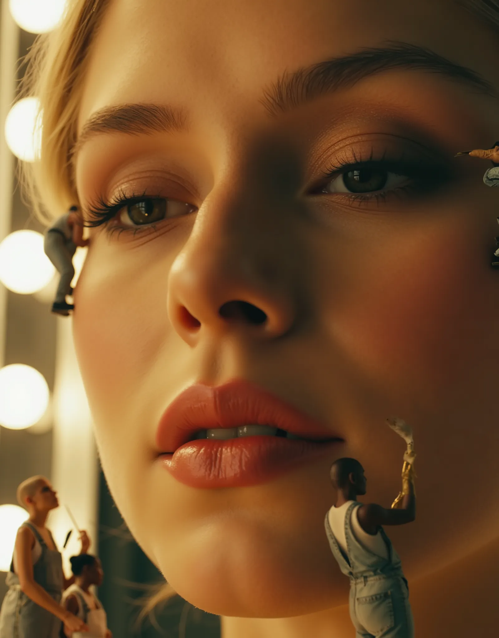 ((st4rl1ght)),  A breathtaking close-up of a giant, flawless face with warm caramel-toned skin. Her eyes are closed, and her lips are slightly parted. dozens of Micro tiny workers makeup artists, each worker dressed in overalls, construction shoulder blade...