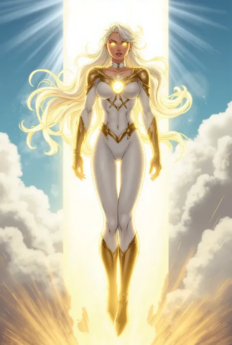 "A 2D digital illustration in the style of DC animated shows like Justice League Unlimited, featuring a young female superhero named Auréa. She has long, flowing white hair and glowing golden eyes. Her appearance is breathtakingly beautiful, with an ethere...