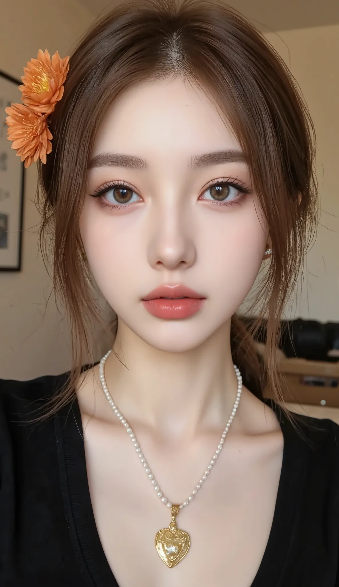 A highly detailed, ultra-realistic portrait captures a young woman with a strikingly doll-like appearance. Her fair skin is smooth and luminous, accentuated by delicate makeup. She possesses large, captivating light blue eyes with long, dark eyelashes and ...