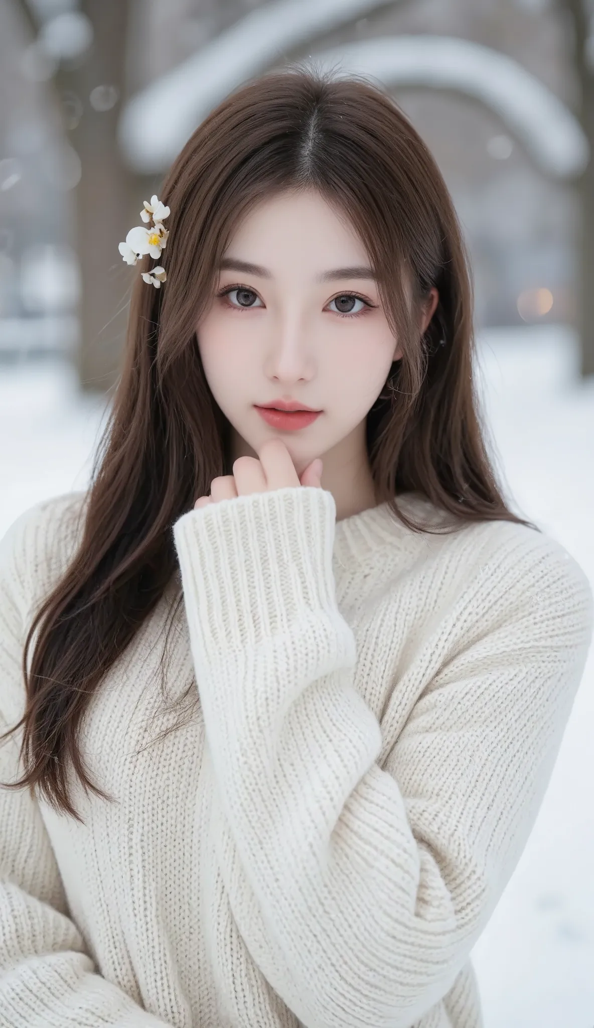 A beautiful young woman with long brown hair wearing a cozy white knitted sweater. She has delicate facial features, soft pink lips, and gentle brown eyes. A small white flower is tucked into her hair. The background is a snowy winter scene with blurred tr...