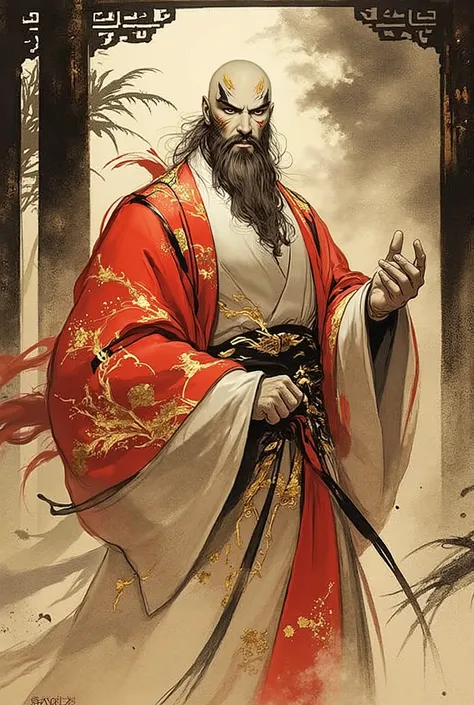 Masterpiece digital painting, hyper-detailed modern Chinese fantasy comic art style. A bald, middle-aged man with a full, thick beard, fierce, bold eyebrows, and intense, expressive, large round eyes. His face is adorned with intricate, glowing flame-shape...