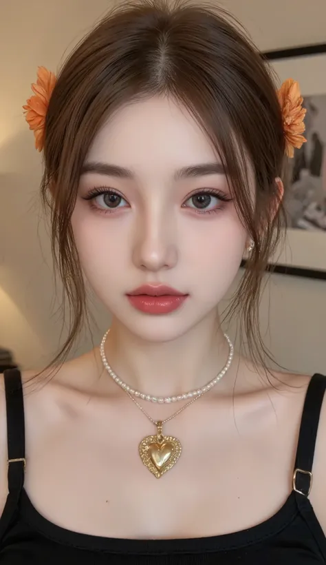 A highly detailed, ultra-realistic portrait captures a young woman with a strikingly doll-like appearance. Her fair skin is smooth and luminous, accentuated by delicate makeup. She possesses large, captivating light blue eyes with long, dark eyelashes and ...