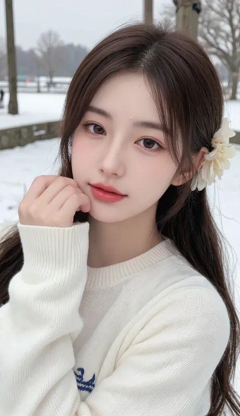 (  Perfectly Completed Anatomy  )herbの色合いはより豊かで濃く、Very cute charming smile Girl in a white sweater with long hair fluttering (close-up) cute girl with a happy smile　anime　herb　flower　Visual Effects　surreal　 beautiful romantic background 　Under white snow　G...